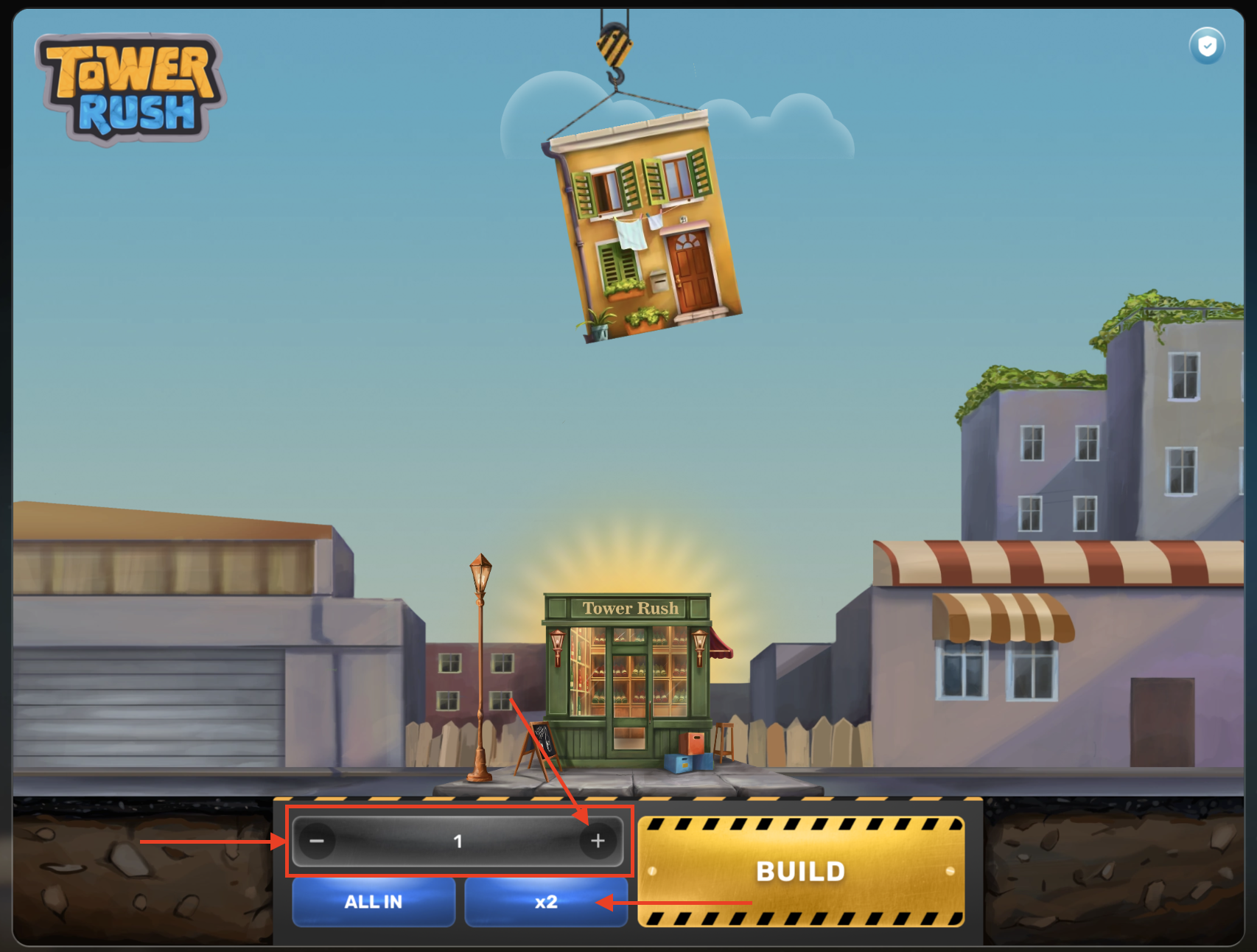 Tower Rush bet controls — minus, bet amount, plus buttons and x2 button