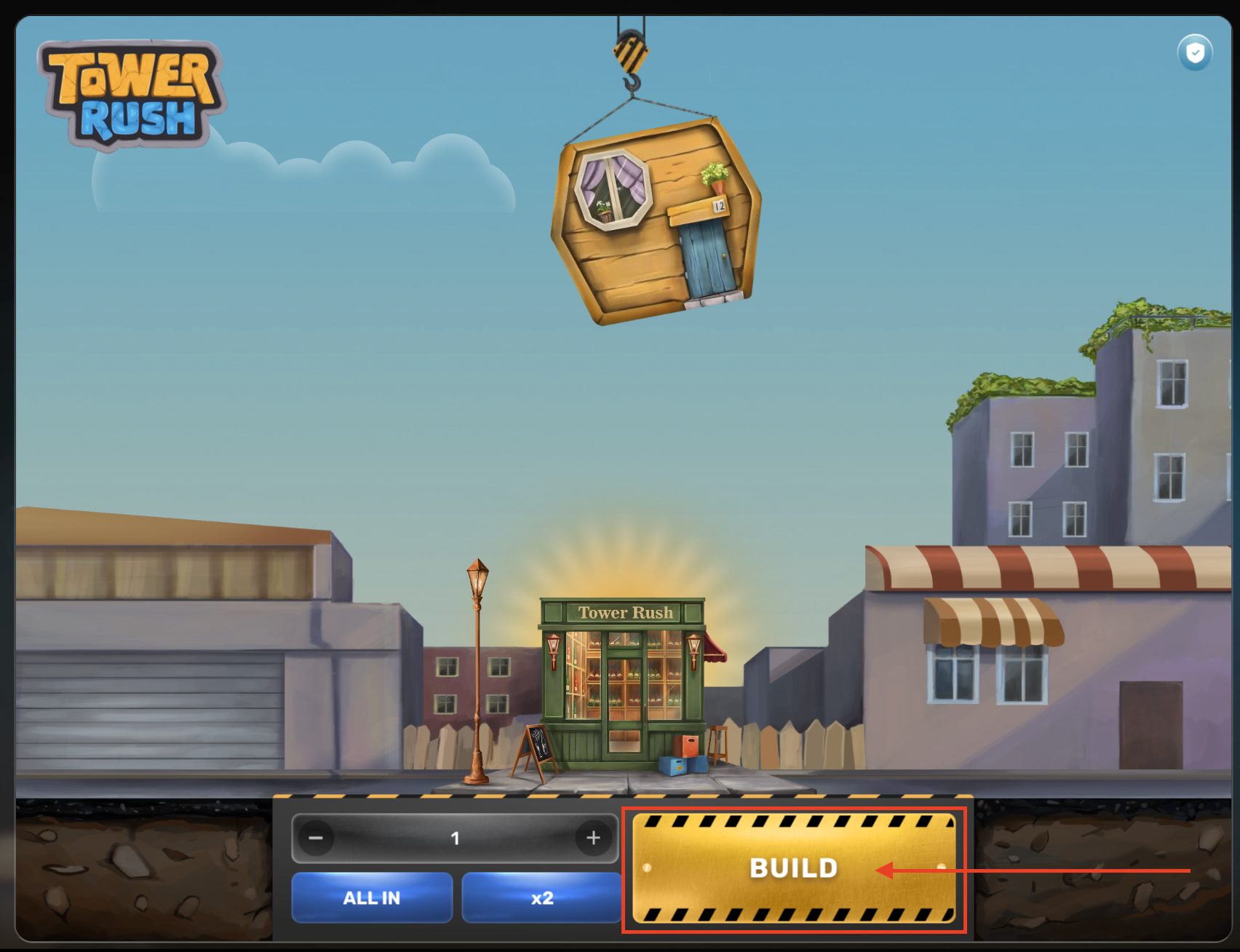 Tower Rush — BUILD button highlighted, crane dropping a floor