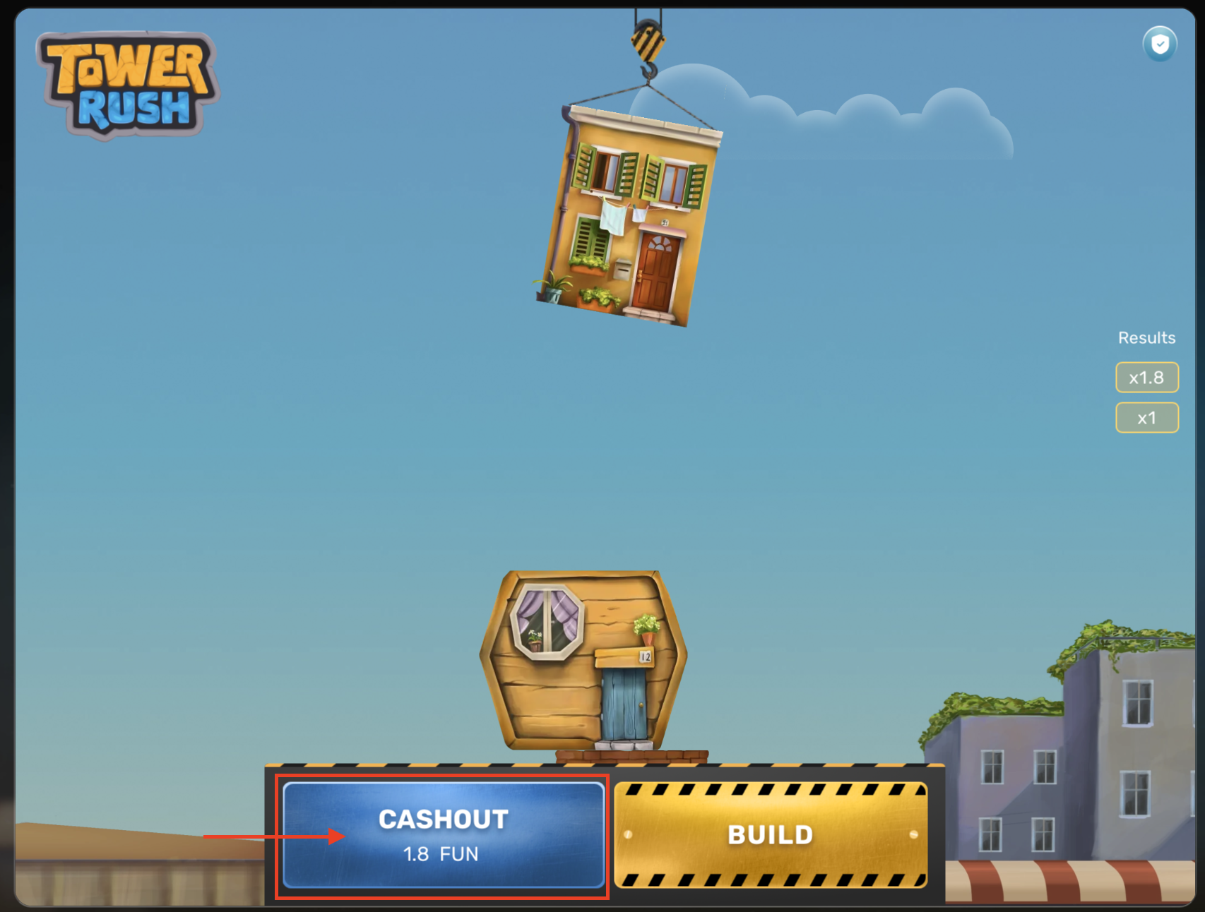 Tower Rush — CASHOUT button showing current payout, BUILD button next to it